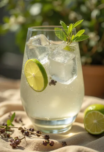 Lime dilimleri ve buz küpü ile süslenmiş Cin Tonik