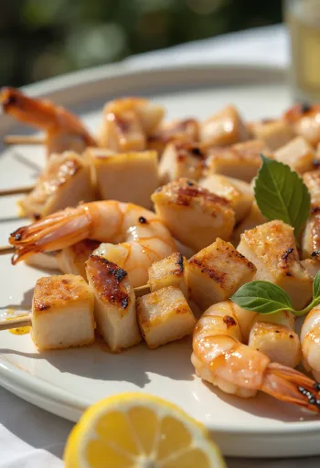 Servis edilmiş ızgara karides ve tavuk