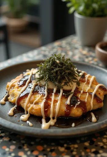 Servis edilmiş Okonomiyaki Japon krepi