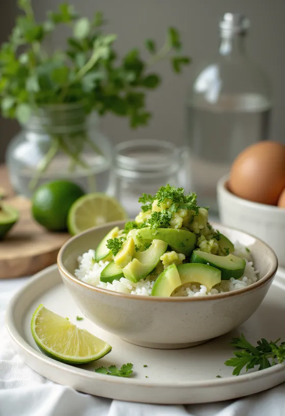 Taze sebzeler ve pirinç yatağında, kişniş ve misket limonu suyu ile süslenmiş salatalıklı poke.