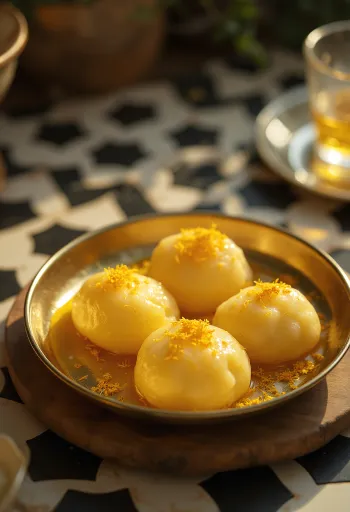 Safranlı Rasgulla, safran şurubunda yüzen peynir topları