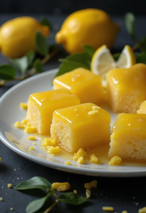 Limon şerbeti dökülmüş, tepside dilimlenmiş Revani tatlısı