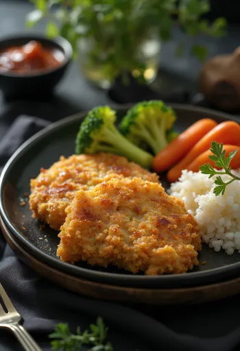 Sebzeli tonkatsu kasesi, hindi butları ve buğulanmış sebzelerle servis edilmiş