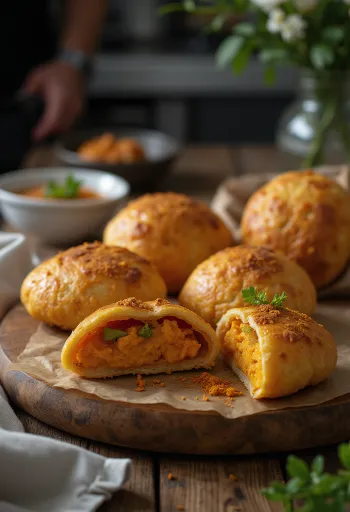 Tatlı patatesli vetkoek, Hint yemeği, taze dolgulu çıtır bohçalar
