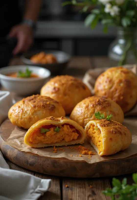 Tatlı patatesli vetkoek, Hint yemeği, taze dolgulu çıtır bohçalar