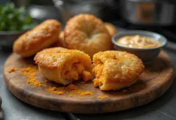 Tatlı patatesli vetkoek, Hint yemeği, taze dolgulu çıtır bohçalar