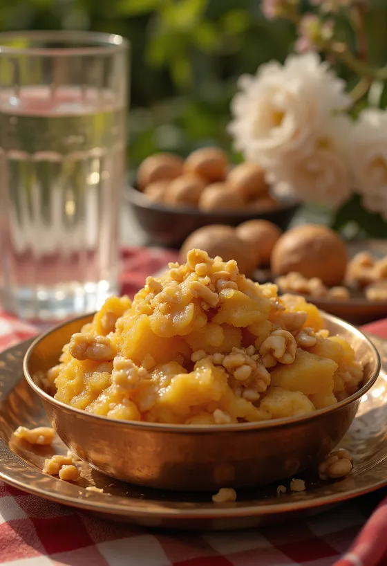 Zengin baharatlı tatlarla, kavrulmuş ceviz ve gül suyu ile Aate ka Halwa.