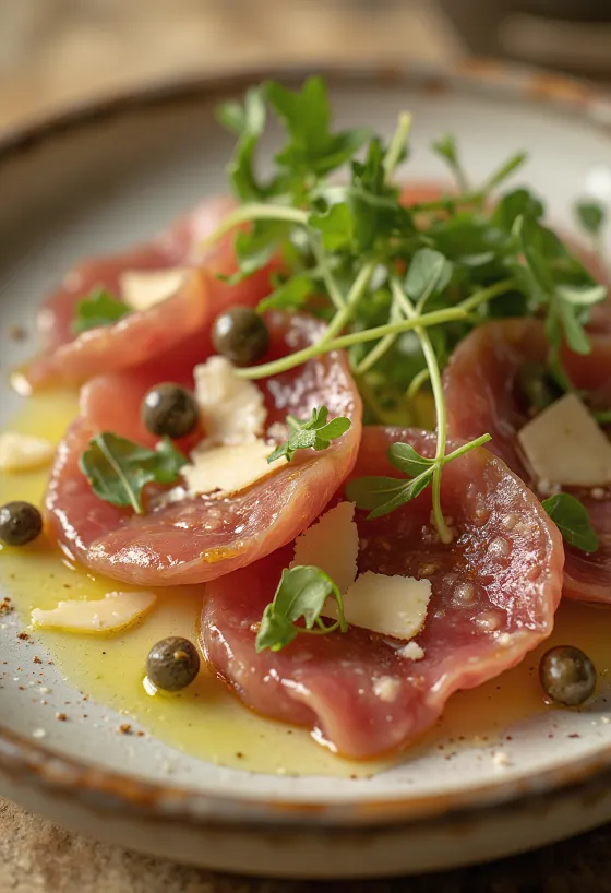 Şık bir şekilde servis edilmiş trüf mantarlı dana carpaccio