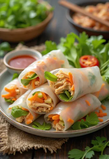 Acı soslu Pho cuon, pirinç kağıdına sarılmış tavuk eti, sebzeler ve acı bir sos ile