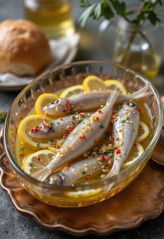 Cam kavanozda limon ve baharatlarla marine edilmiş hamsi