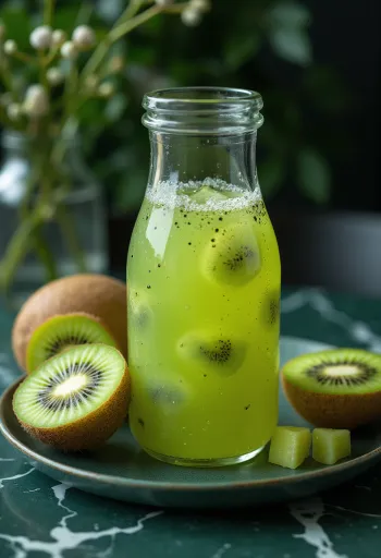 Probiyotik Kivili Kombucha, taze kivi meyvesi ve misket limonu ile servis edilmiş