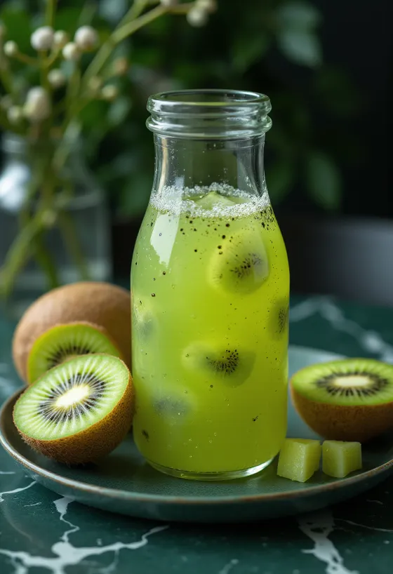 Probiyotik Kivili Kombucha, taze kivi meyvesi ve misket limonu ile servis edilmiş