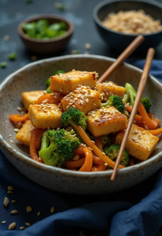 Fırın sebzeli tofu kasesi servis edilirken