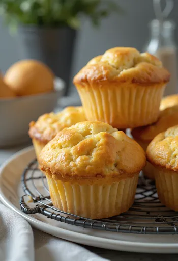 Altın sarısı pişmiş, vanilya ve pudra şekeri serpilmiş yumuşak lor peynirli muffin