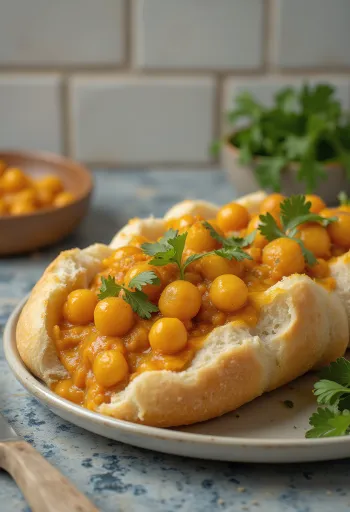 Kişnişle süslenmiş, ekmek içinde servis edilen nohutlu Bunny chow