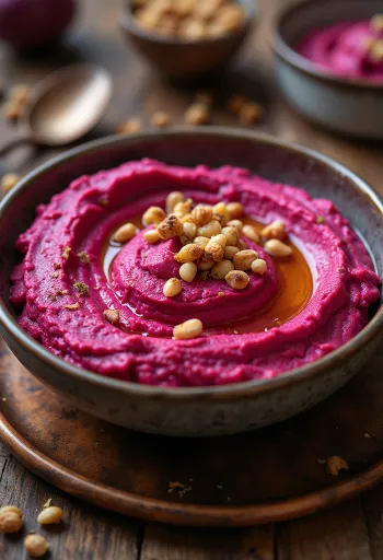 Taze maydanozla süslenmiş pancarlı humus