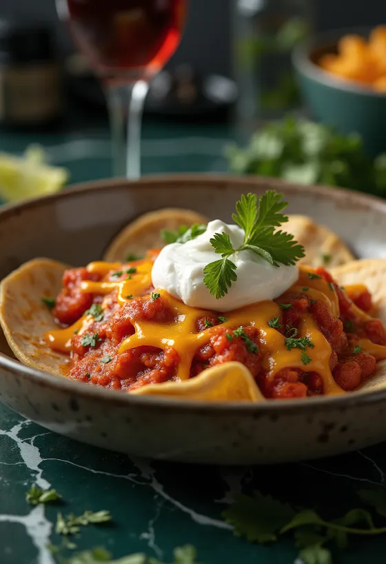 Domatesli-biberli sosla kaplanmış, rendelenmiş peynir ve süzme yoğurt ile servis edilen Kırmızı Chilaquiles
