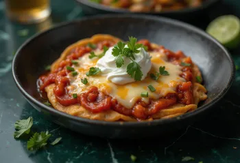 Domatesli-biberli sosla kaplanmış, rendelenmiş peynir ve süzme yoğurt ile servis edilen Kırmızı Chilaquiles