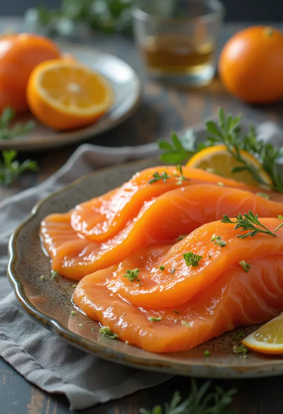 Portakal likörlü Gravlax, taze dereotu ile süslenmiş, portakal likörü tatlarıyla