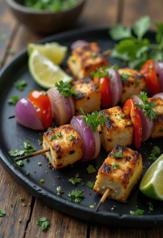 Taze kişnişle servis edilen ızgara vegan anticucho, tofu çubukları