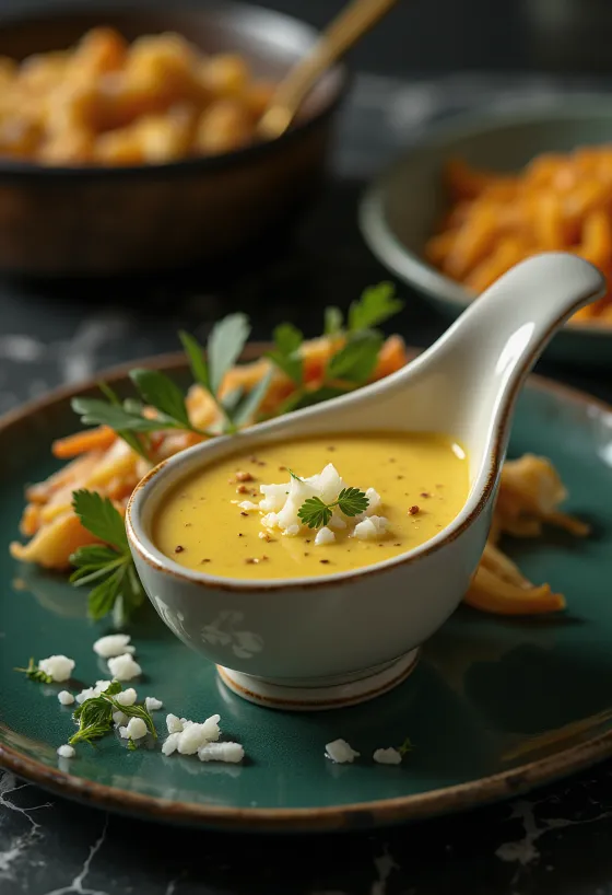 Servis edilmiş körili ve kremalı soğan sosu