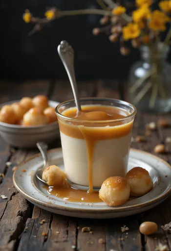 Üzerinde krem şanti ve karamel sos ile süslenmiş karamelli puding.