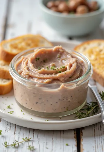 Taze ekmek dilimlerine sürülmüş, taze otlarla süslenmiş kremsi ciğer ezmesi.