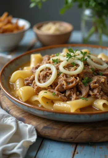 Taze maydanoz ve taze soğanla servis edilen At Etli Beshbarmak