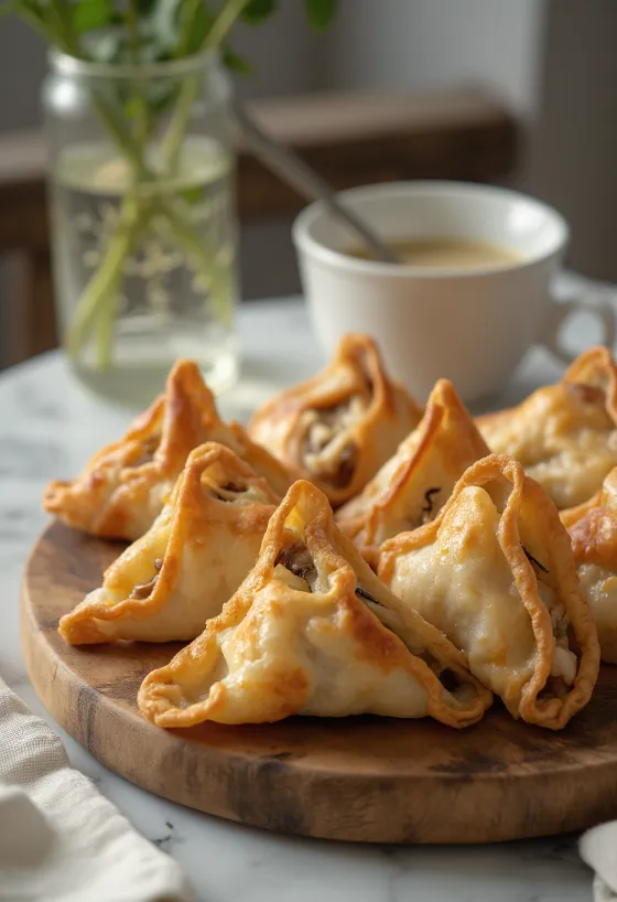 Servis edilmiş mantarlı ve cevizli samosa