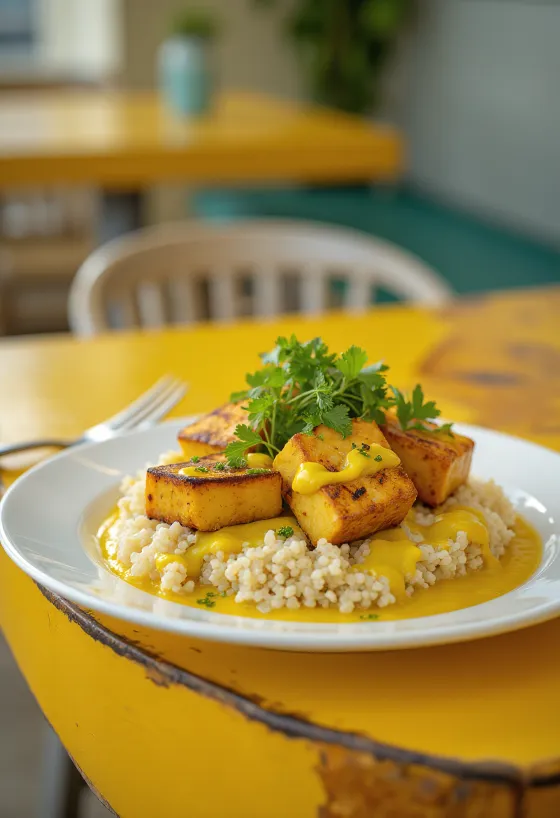 Tahinli köri soslu kinoa ve ızgara tofu servis edilmiş