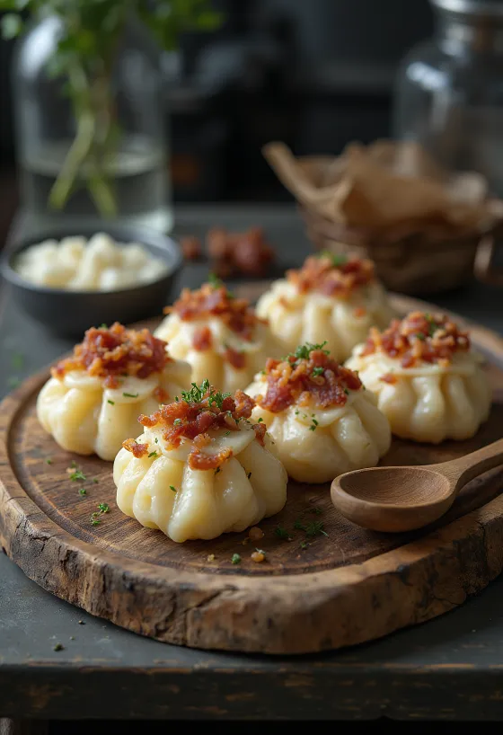 Süzme yoğurt ve kızarmış pastırma ile servis edilen koyun peynirli sztrapacska.