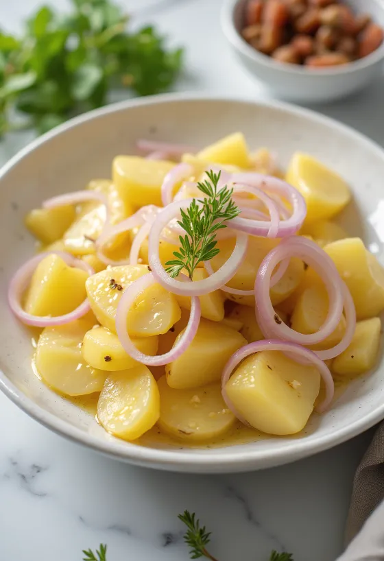Haşlanmış patates, kırmızı soğan ve taze maydanozla servis edilen taze patates salatası.