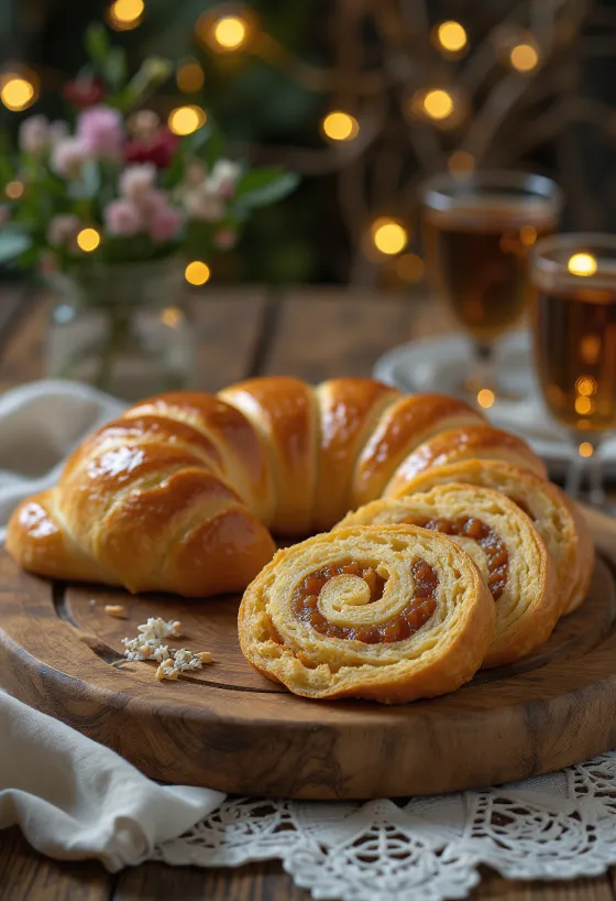 Altın kahverengi kabuklu ve zengin dolgulu badem ezmeli rulo