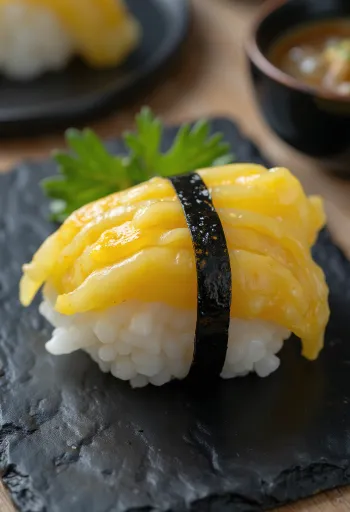 Taze kişniş ile servis edilen Tamagoyakili Nigiri
