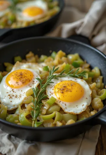 Süzme yoğurt ve taze maydanozla süslenmiş Prebiyotik pırasalı-yumurtalı tencere yemeği