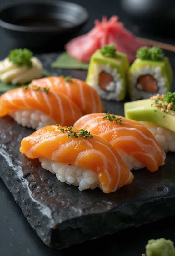 Soya sosu ve zencefil ile servis edilen sushi