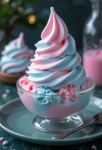 Pembe ve mavi katmanlarla servis edilmiş Cotton Candy dondurması