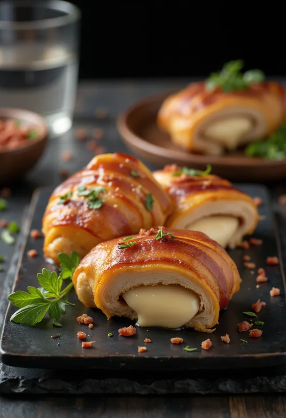 Salata ve kızarmış patates ile servis edilen peynir dolgulu ve bacon sarılı tavuk göğsü