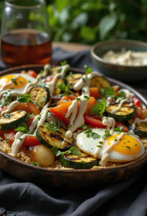 Tahin soslu ızgara sebzeler, maydanozla süslenmiş