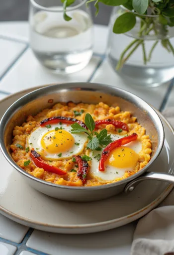 Klasik Köz Biberli Menemen, Türk kahvaltısı, yumurta, biber ve domates ile