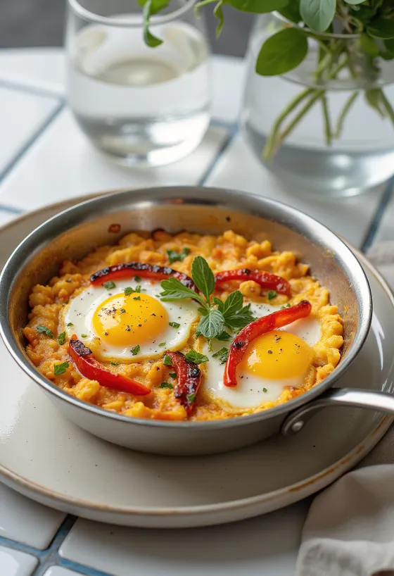 Klasik Köz Biberli Menemen, Türk kahvaltısı, yumurta, biber ve domates ile