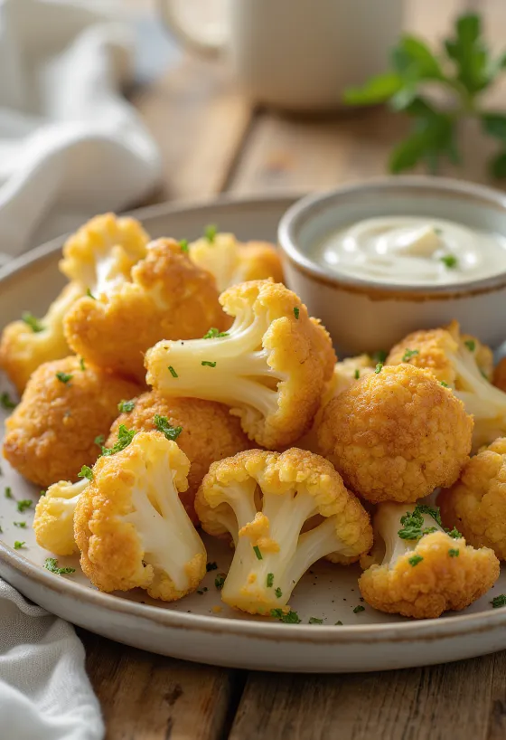 Çıtır kaplamasında servis edilen, altın sarısı kızarmış karnabahar pane