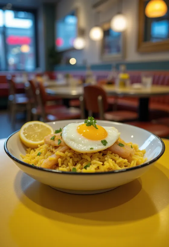 Bir kasede yumurta ve maydanoz ile servis edilmiş füme mezgitli kedgeree