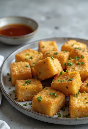 Glütensiz tofu kızartma, taze maydanoz ile servis edilmiş