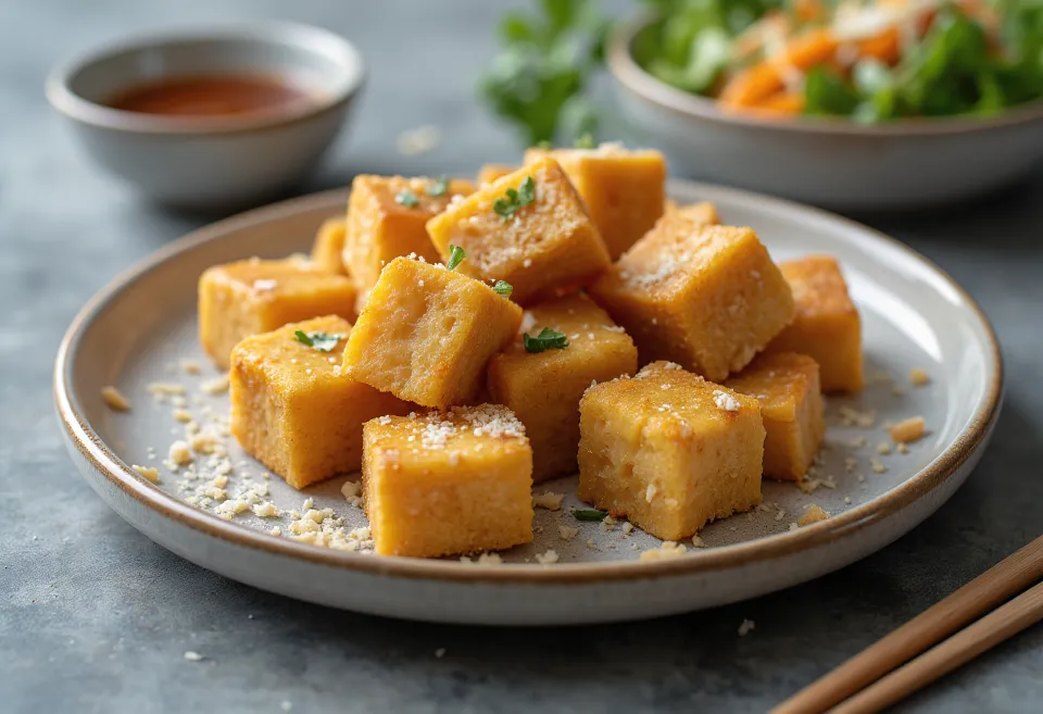 Glütensiz tofu kızartma, taze maydanoz ile servis edilmiş