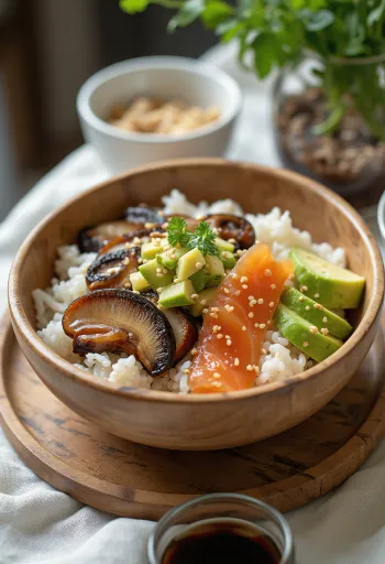 Taze somon, shiitake mantarı ve avokado ile Chirashizushi kasesi