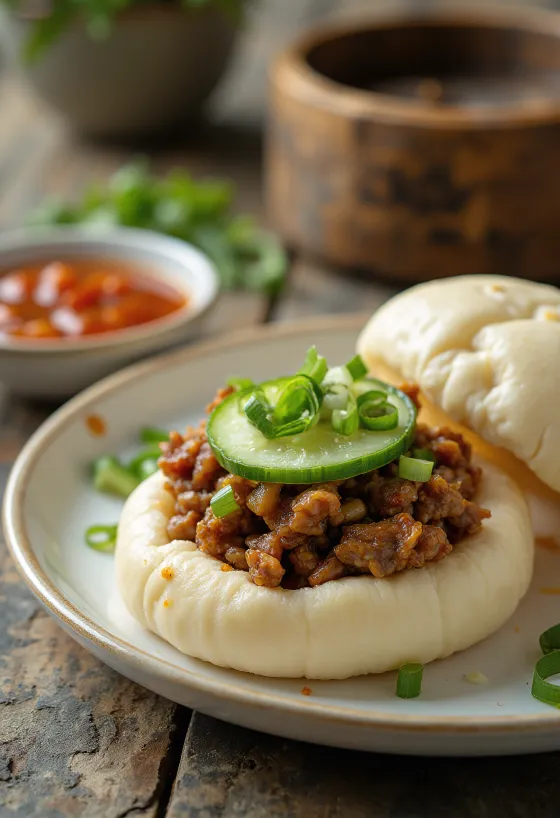 Baharatlı kuzu etli bao bun servisi
