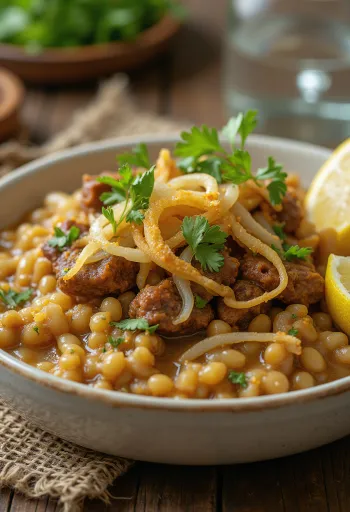 Zengin baharatlar ve taze kişniş ile servis edilen kızarmış soğanlı Haleem