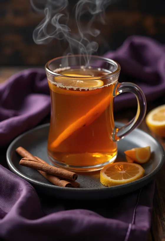 Tarçın çubuğu ve limon dilimi ile süslenmiş Hot Toddy içeceği