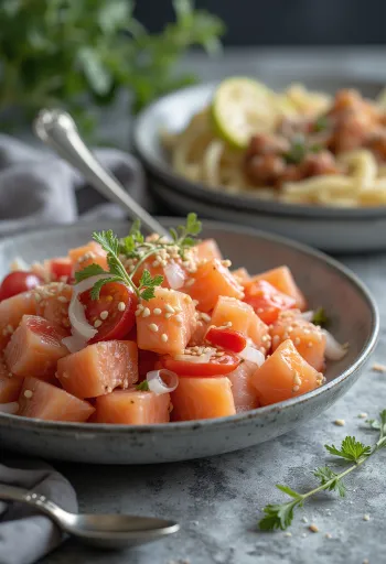 Servis edilen kişnişli Lomi somon